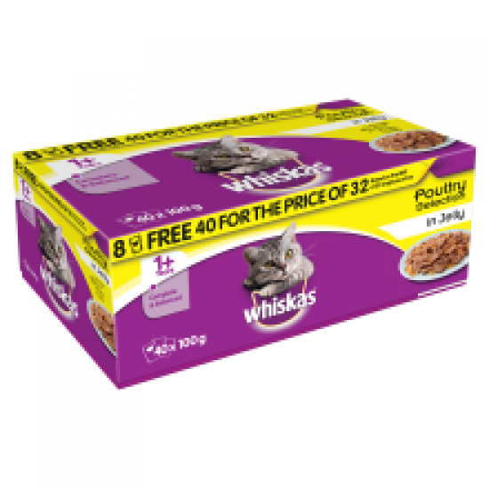 Whiskas 1+ Cat Pouches Poultry Selection in Jelly 40 for 32